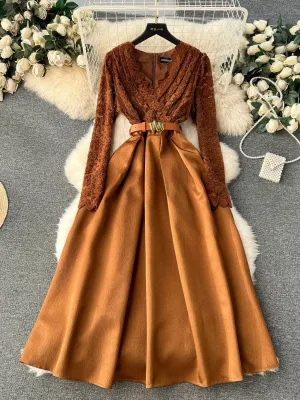 Long Sleeves Lace Maxi Pleated Dress