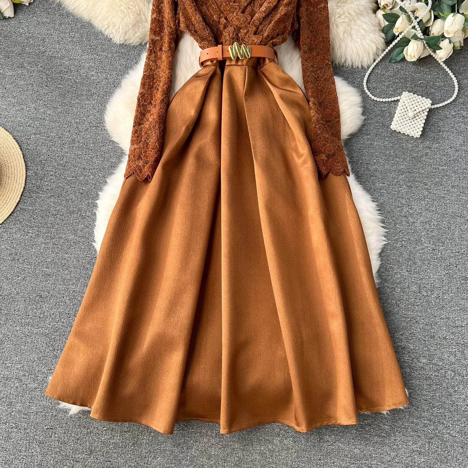 Long Sleeves Lace Maxi Pleated Dress