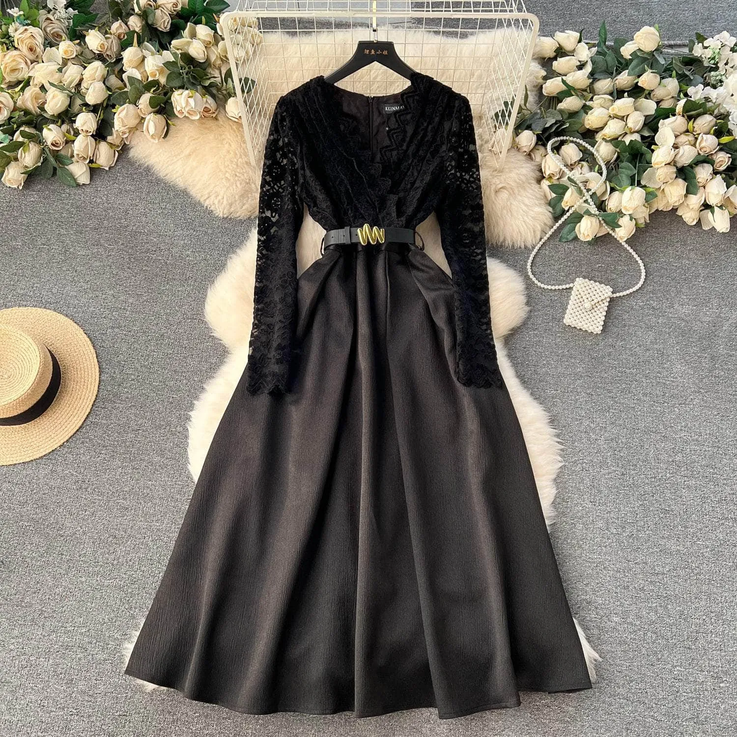 Long Sleeves Lace Maxi Pleated Dress