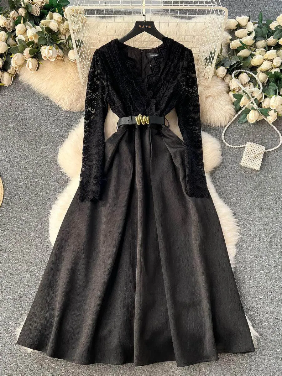 Long Sleeves Lace Maxi Pleated Dress