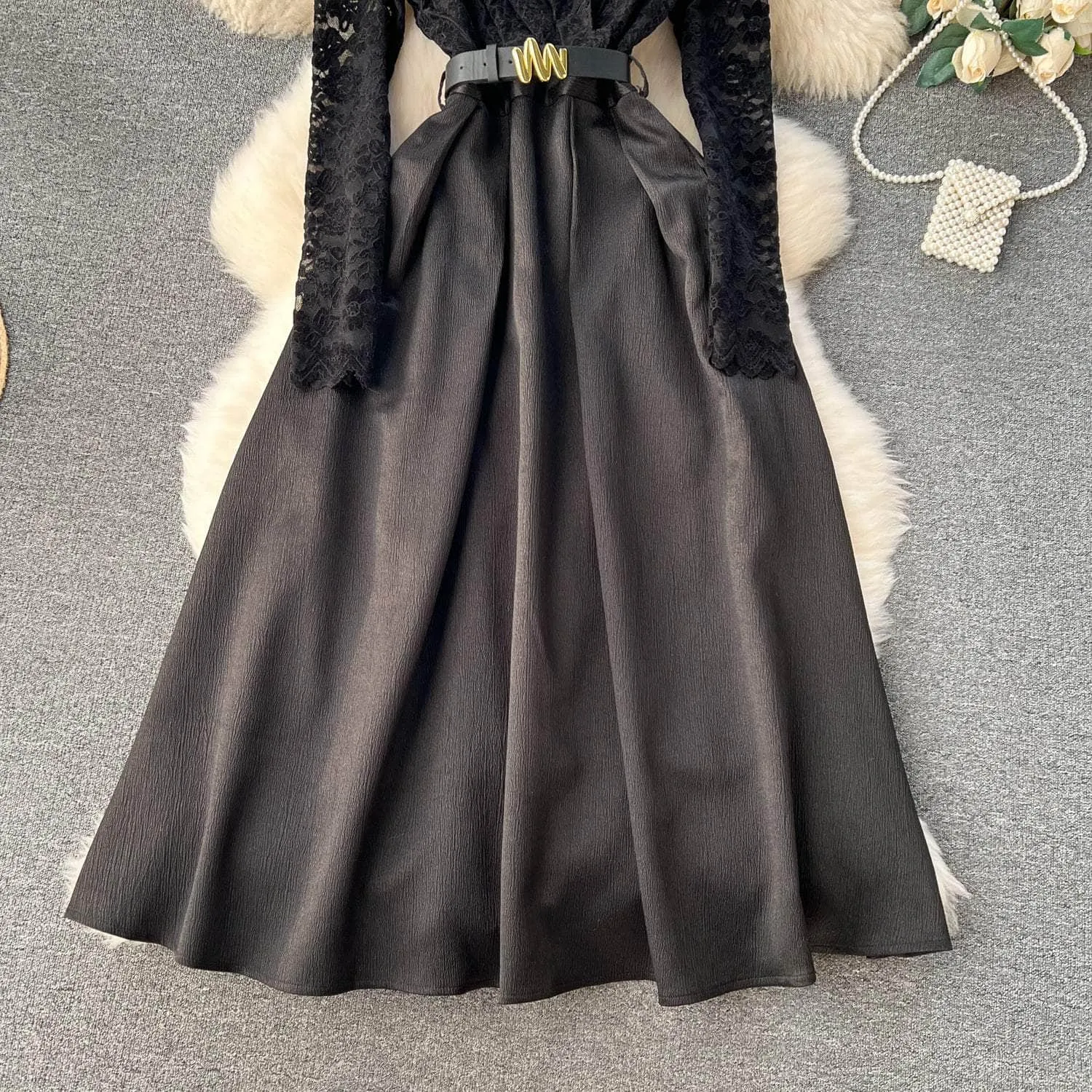 Long Sleeves Lace Maxi Pleated Dress