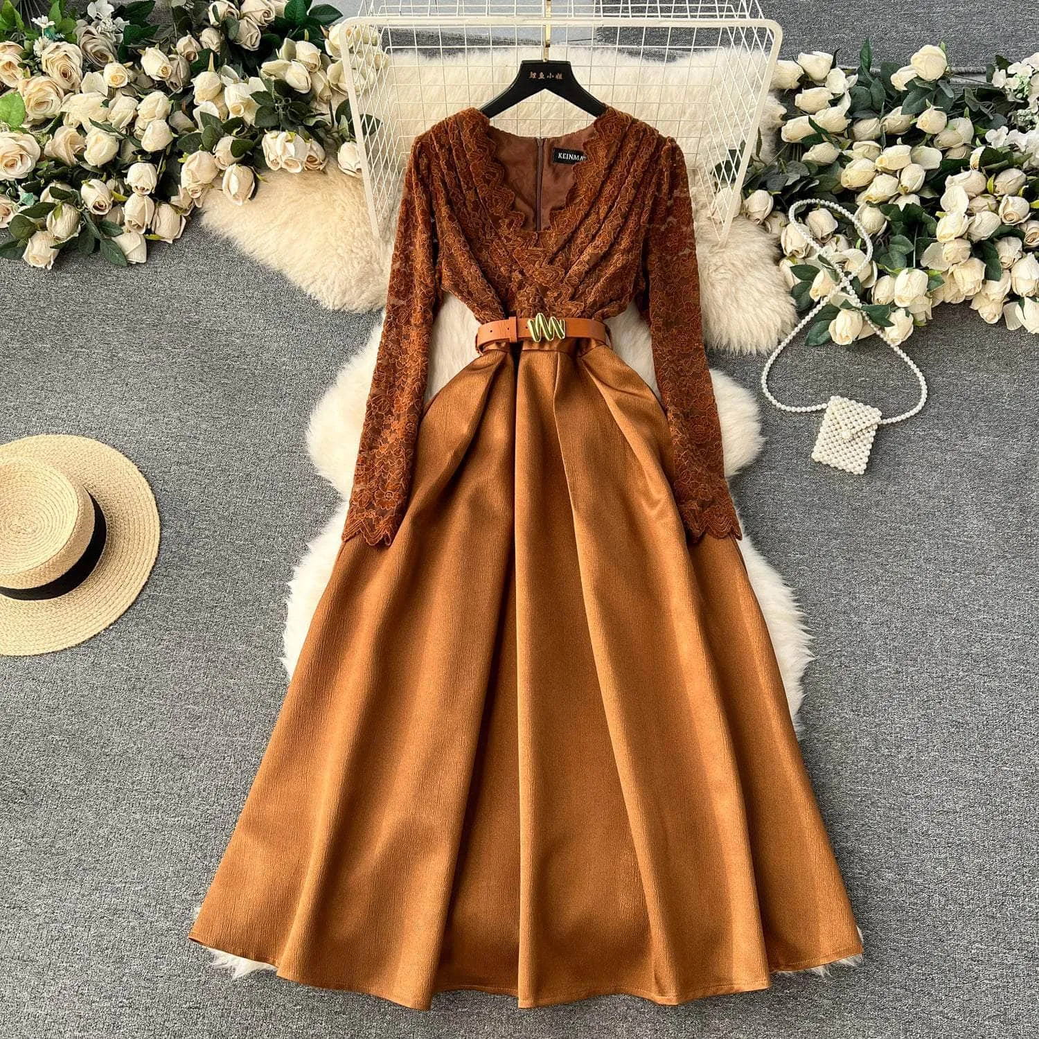 Long Sleeves Lace Maxi Pleated Dress