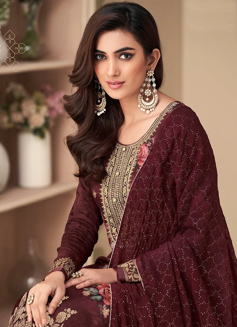 Maroon Embroidery Printed Jacquard Silk Pant Suit