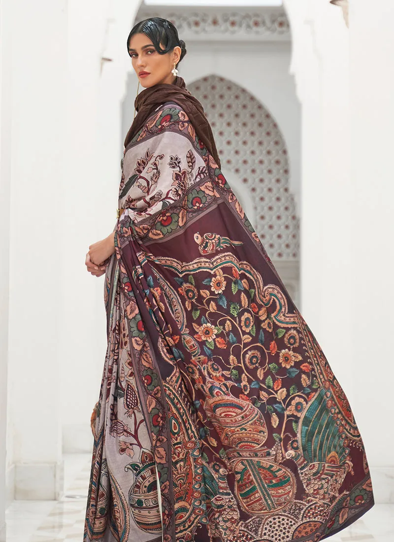 Mauve And Grey Digital Printed Crape Silk Saree