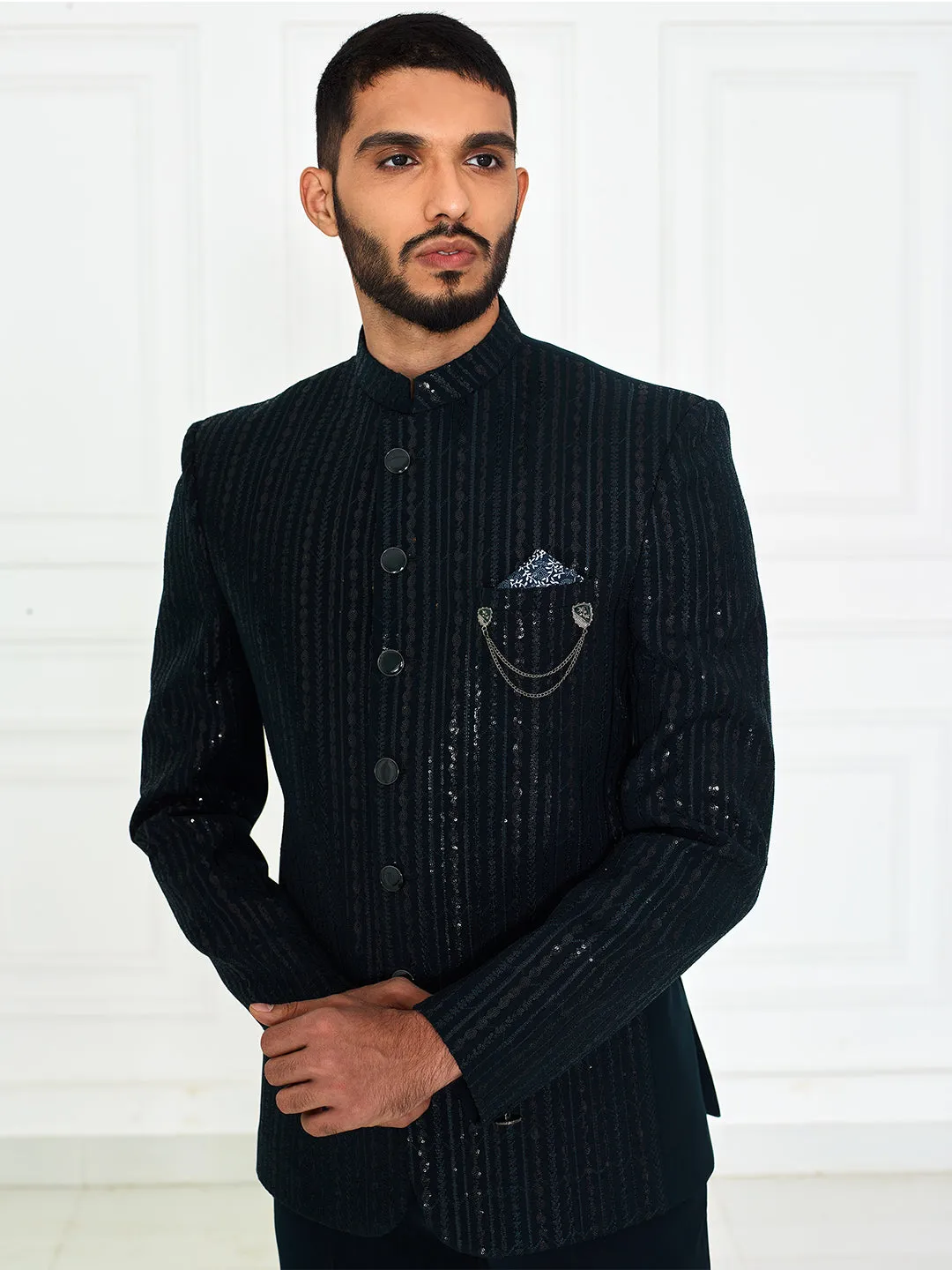 Mens Black Striped Sequined Bandhgala Suit