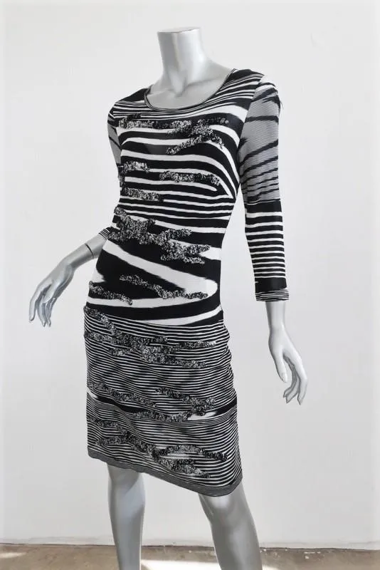 Missoni Dress Black & White Textured Stretch Silk Striped Knit Size 44