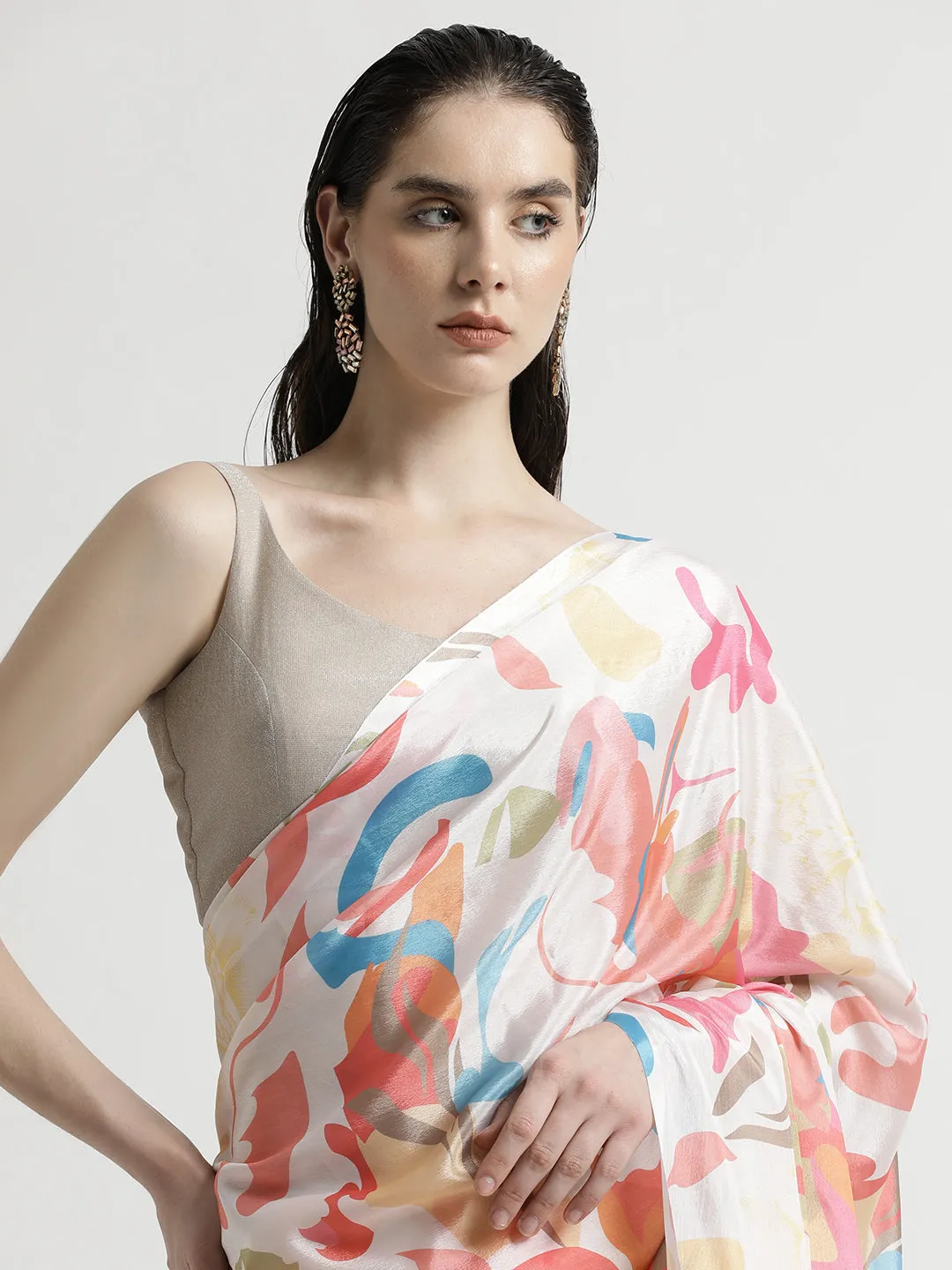 Multicolor Floral Printed Japan Silk Saree