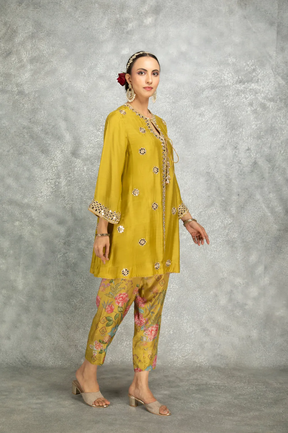 Mustard Green Mirror Embroidered Angrakha With Printed Pants & Dupatta Set Of 3