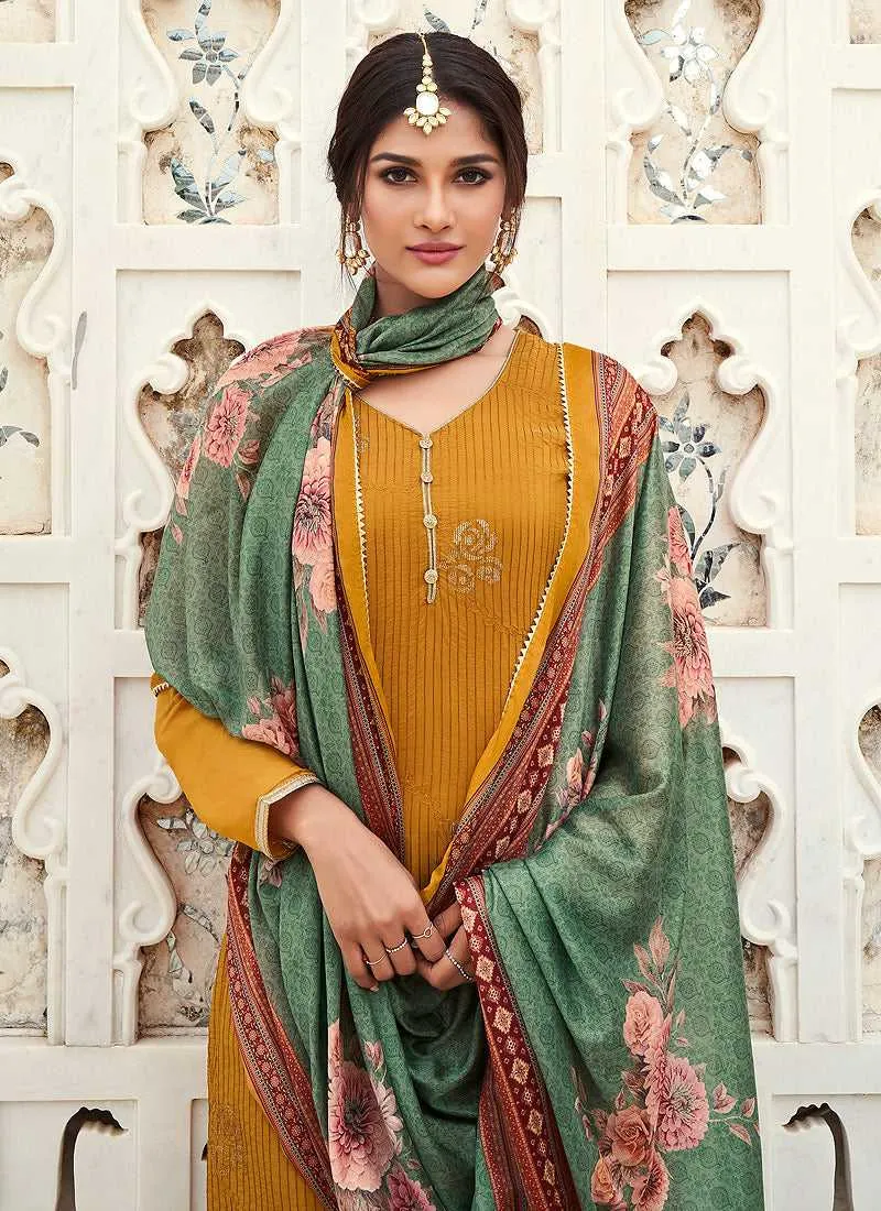 Mustard Silk Work Embroidered Gharara Style Suit