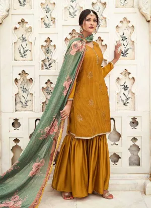 Mustard Silk Work Embroidered Gharara Style Suit