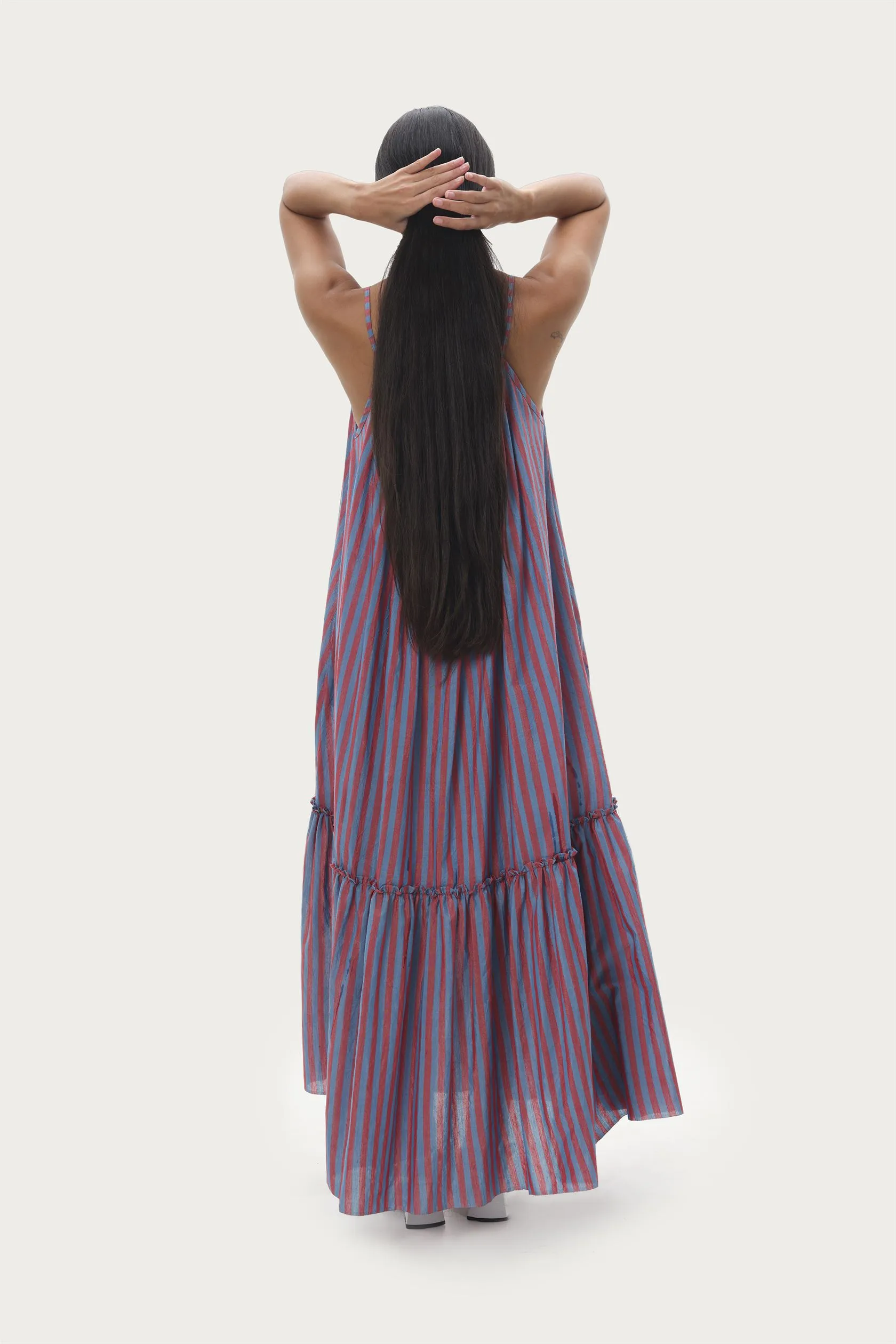 Naushad Ali   I   Sundress Stripes Signature Spring Summer 2025 Blue   coral red Handwoven Silk cotton NA SS24 W09