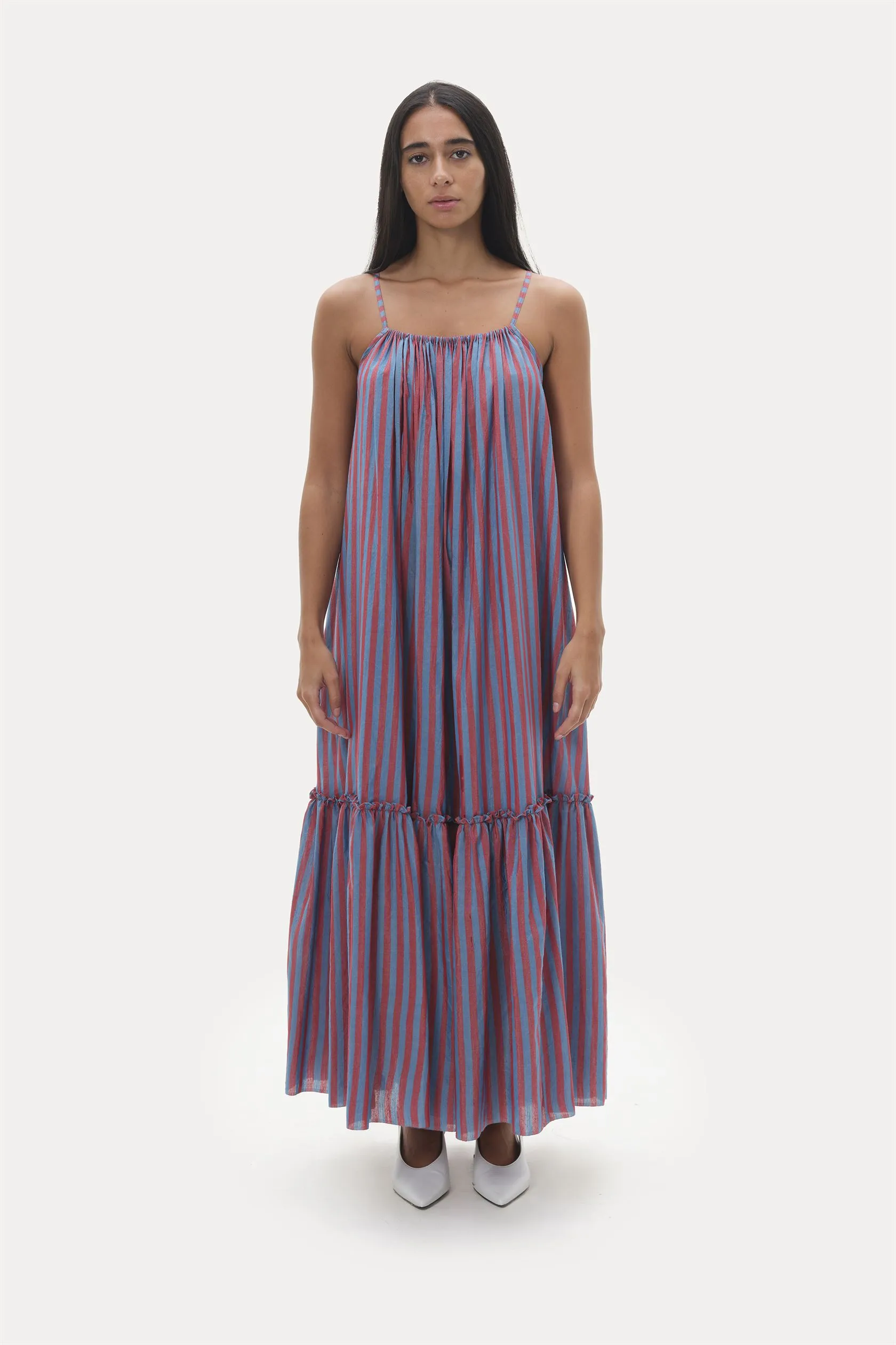 Naushad Ali   I   Sundress Stripes Signature Spring Summer 2025 Blue   coral red Handwoven Silk cotton NA SS24 W09
