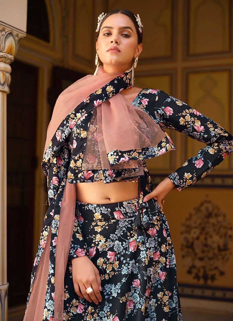 Navy Blue And Pink Floral Printed Silk Lehenga Choli
