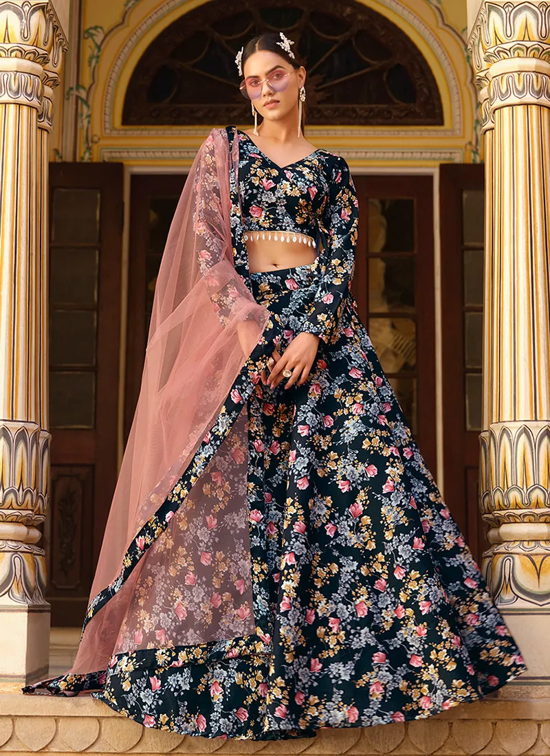 Navy Blue And Pink Floral Printed Silk Lehenga Choli