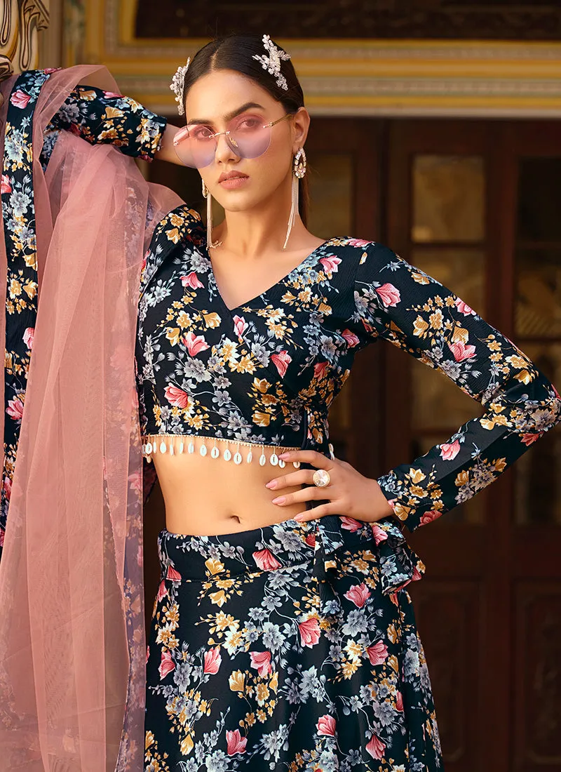 Navy Blue And Pink Floral Printed Silk Lehenga Choli