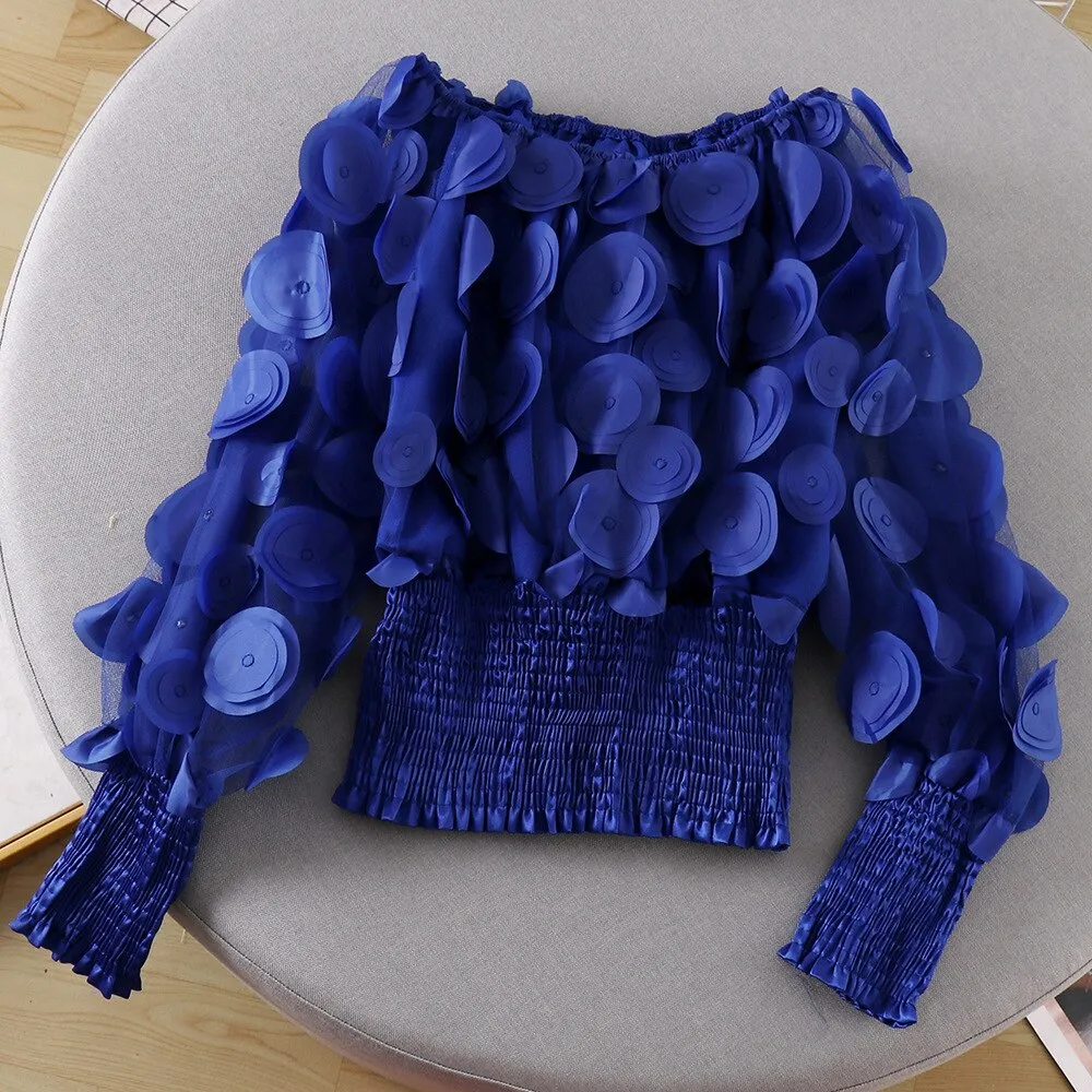 Neck Puff Sleeve 3D Flower Mesh Gauze Ruffles Blouse