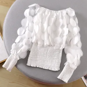 Neck Puff Sleeve 3D Flower Mesh Gauze Ruffles Blouse
