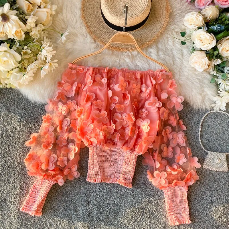 Neck Puff Sleeve 3D Flower Mesh Gauze Ruffles Blouse