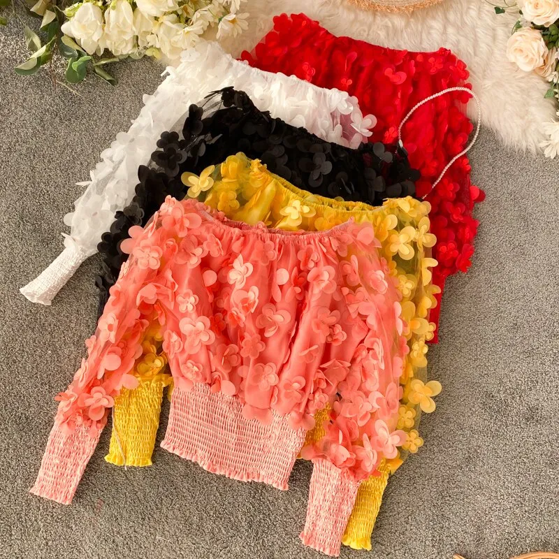 Neck Puff Sleeve 3D Flower Mesh Gauze Ruffles Blouse
