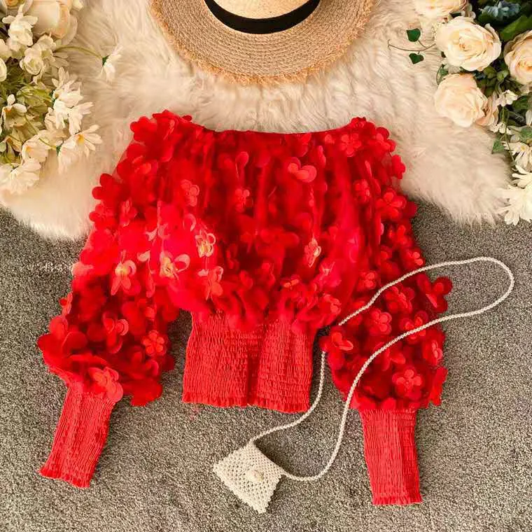 Neck Puff Sleeve 3D Flower Mesh Gauze Ruffles Blouse