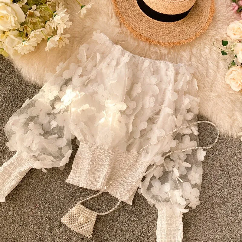 Neck Puff Sleeve 3D Flower Mesh Gauze Ruffles Blouse