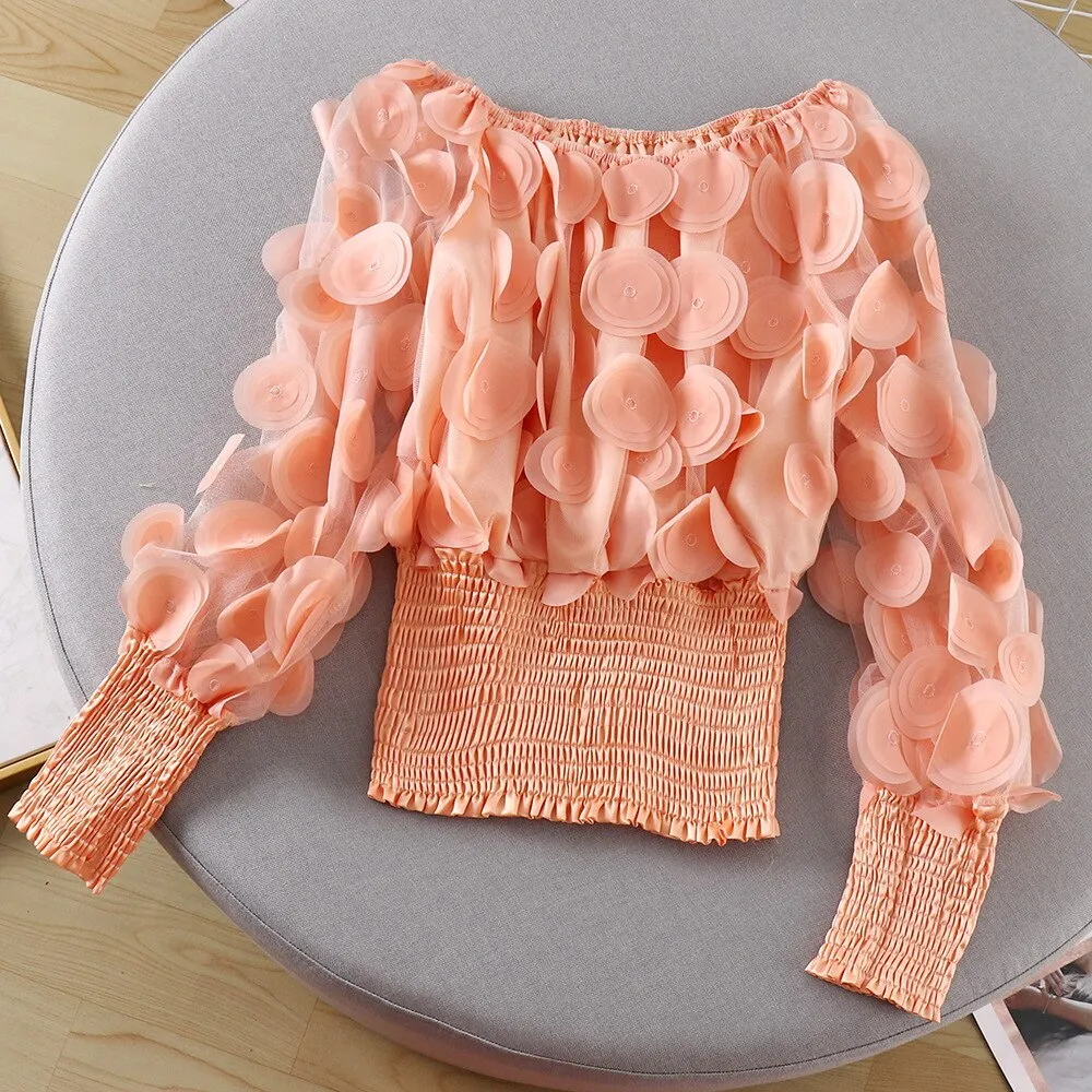 Neck Puff Sleeve 3D Flower Mesh Gauze Ruffles Blouse