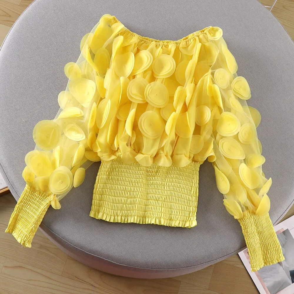 Neck Puff Sleeve 3D Flower Mesh Gauze Ruffles Blouse