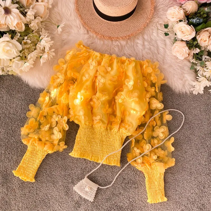 Neck Puff Sleeve 3D Flower Mesh Gauze Ruffles Blouse