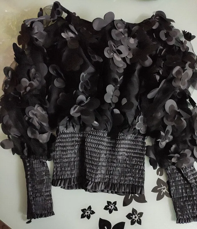 Neck Puff Sleeve 3D Flower Mesh Gauze Ruffles Blouse