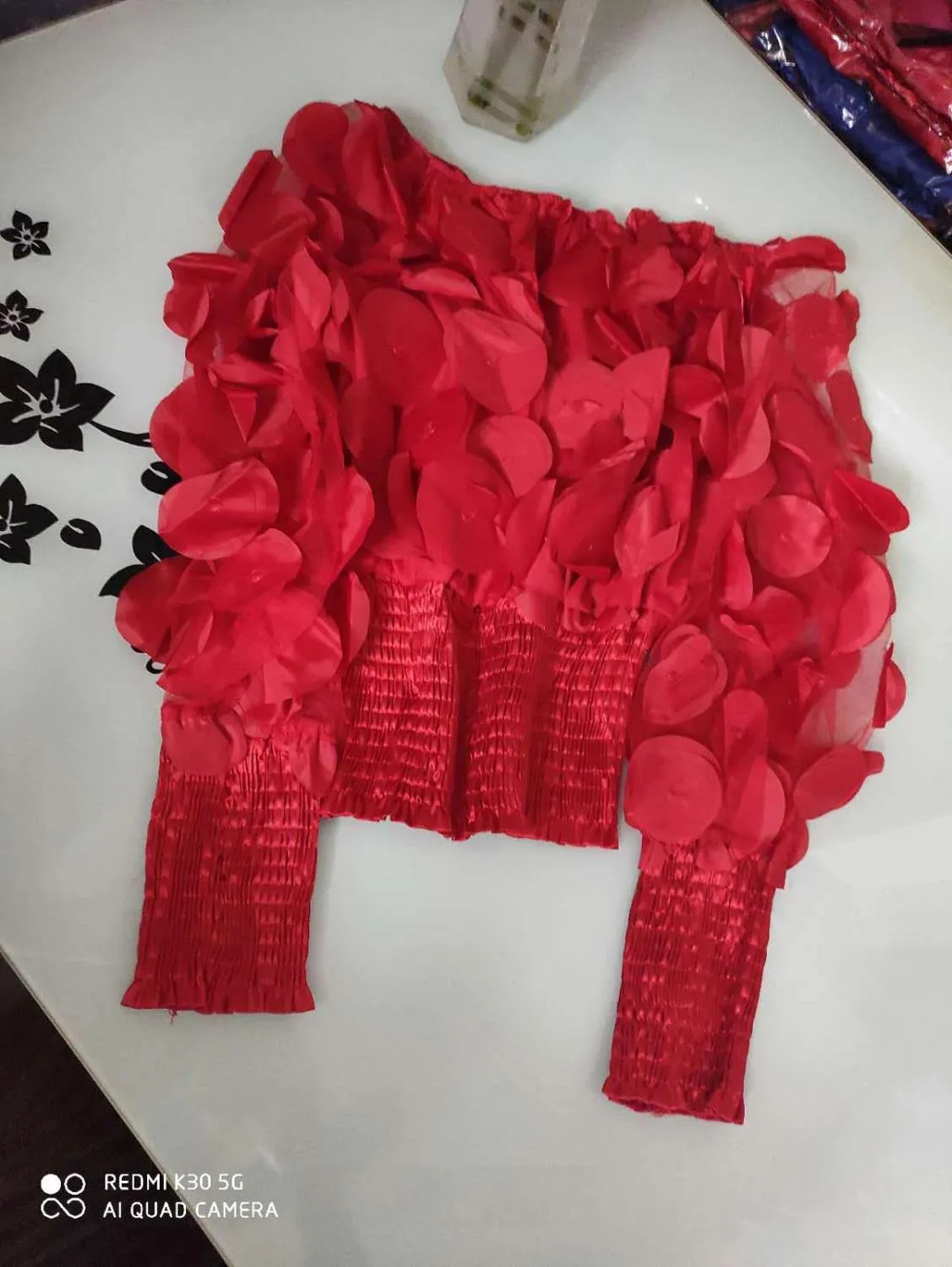 Neck Puff Sleeve 3D Flower Mesh Gauze Ruffles Blouse