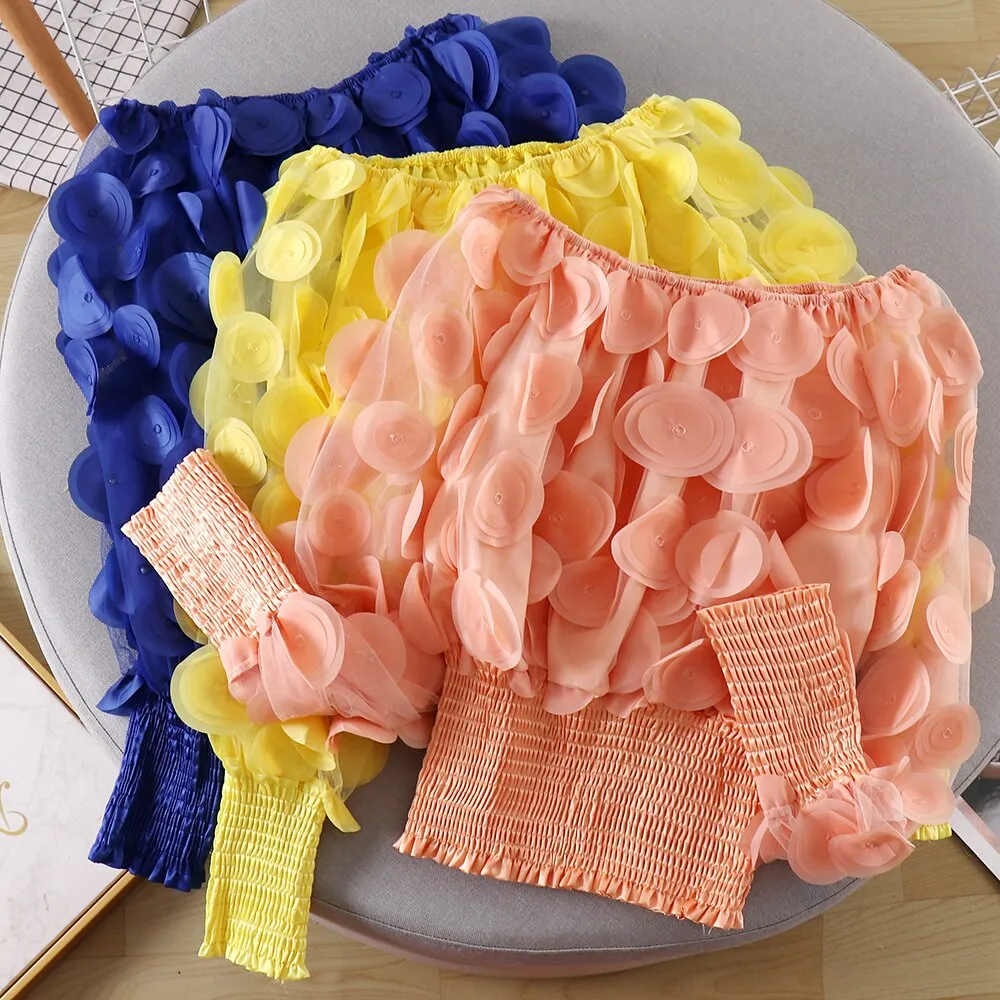 Neck Puff Sleeve 3D Flower Mesh Gauze Ruffles Blouse