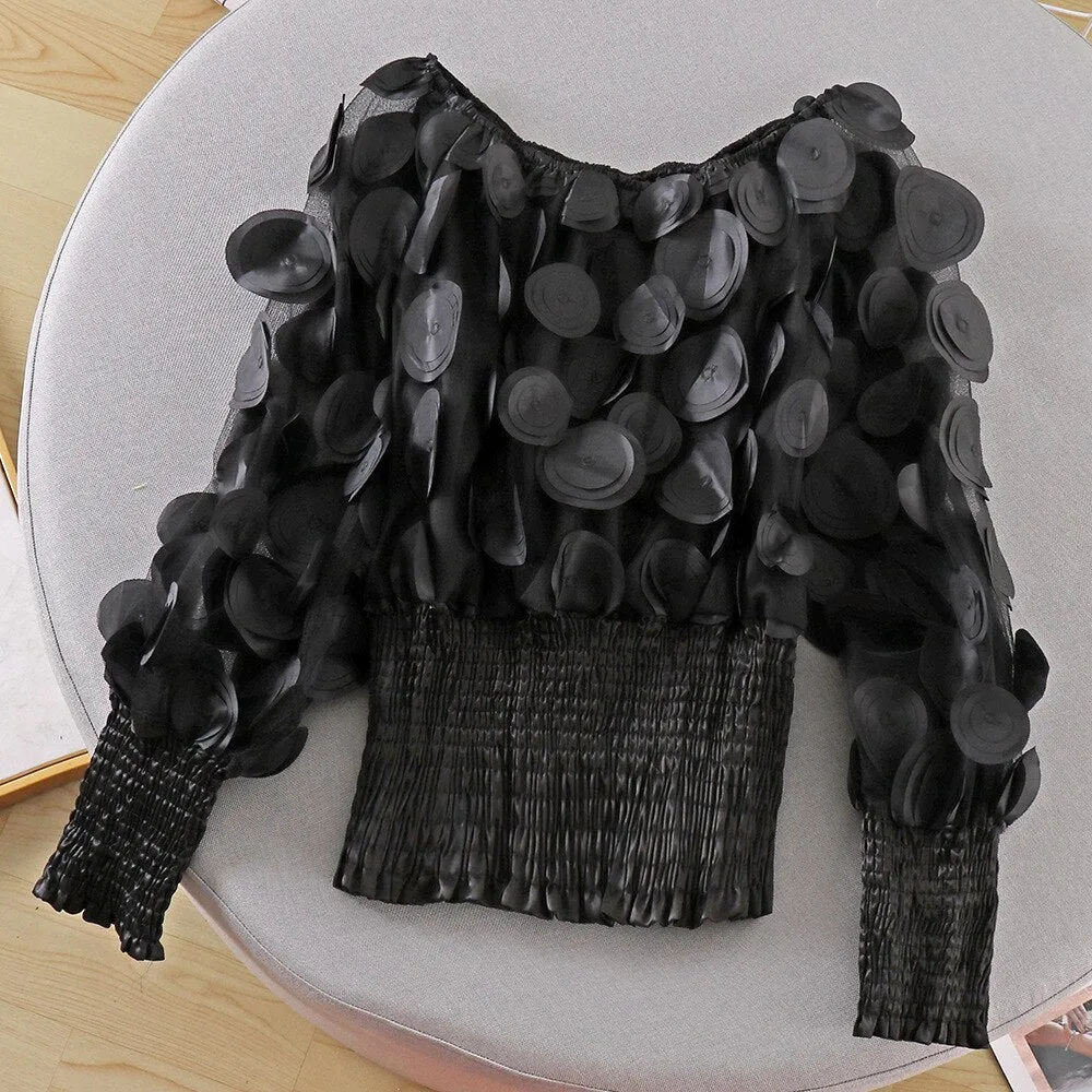 Neck Puff Sleeve 3D Flower Mesh Gauze Ruffles Blouse