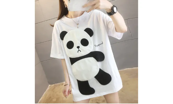 New Korean Panda Short Sleeve Long Loose T-shirt