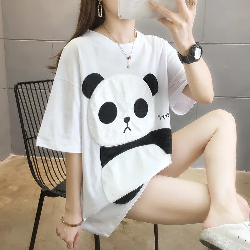 New Korean Panda Short Sleeve Long Loose T-shirt