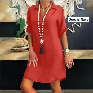 NEW Retails $55 Navy Women Long Shirt Dress Casual Plain Cotton Linen Turn-Down Collar Summer Dresses Sz M
