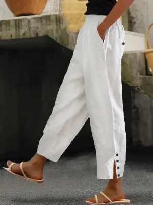 NEW Retails $70 Women's Elastic Waist T-Line Turnip Pants Holiday Going Out Pants Linen Buttoned Cotton Plain Spring/Fall Pants, White XL