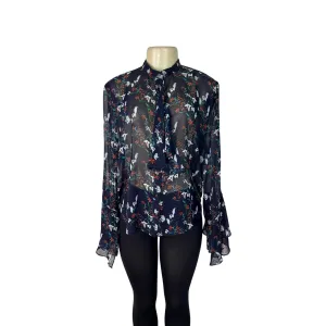 Nicholas Womens Navy Multicolor Floral Print Sheer Silk Blouse Sz 8