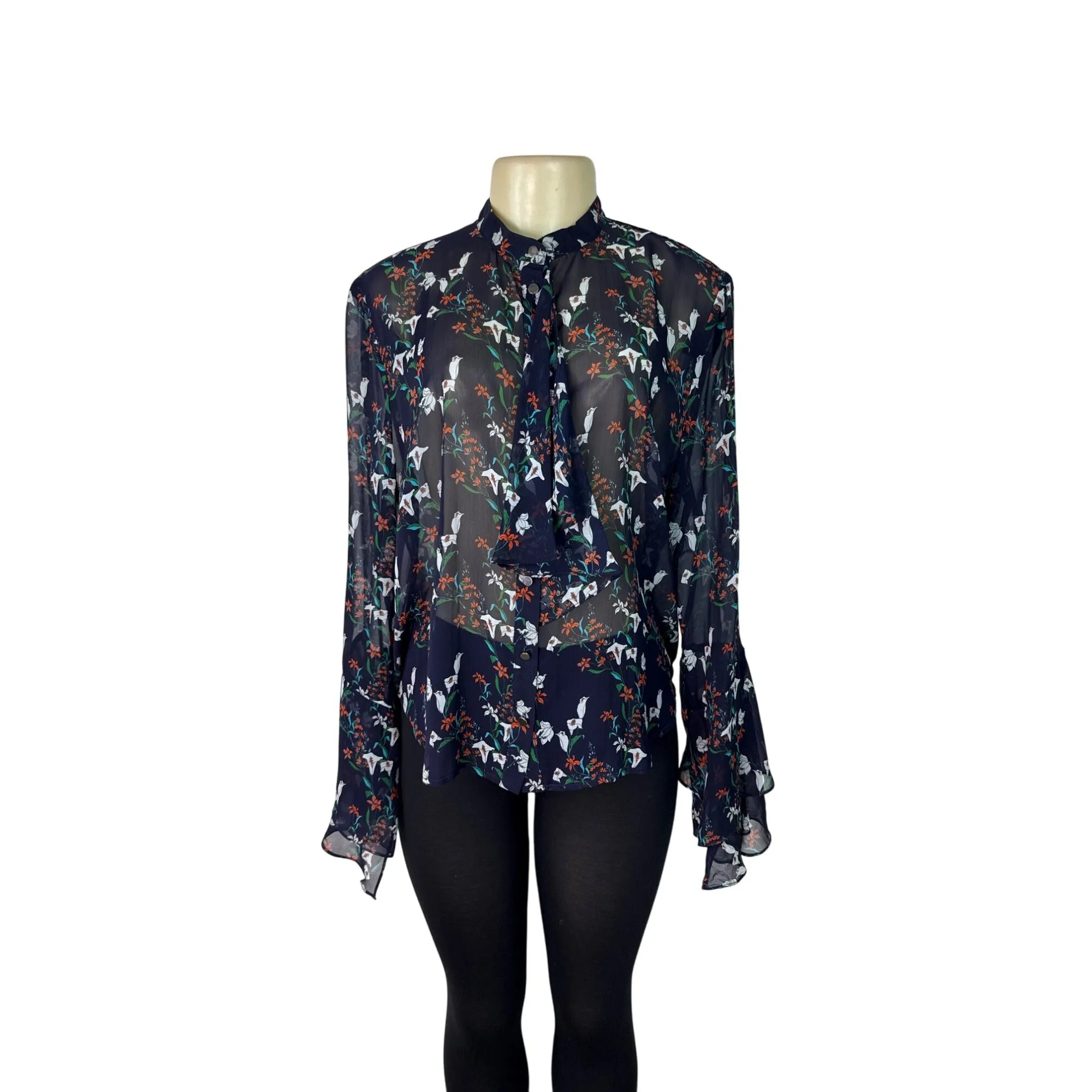 Nicholas Womens Navy Multicolor Floral Print Sheer Silk Blouse Sz 8