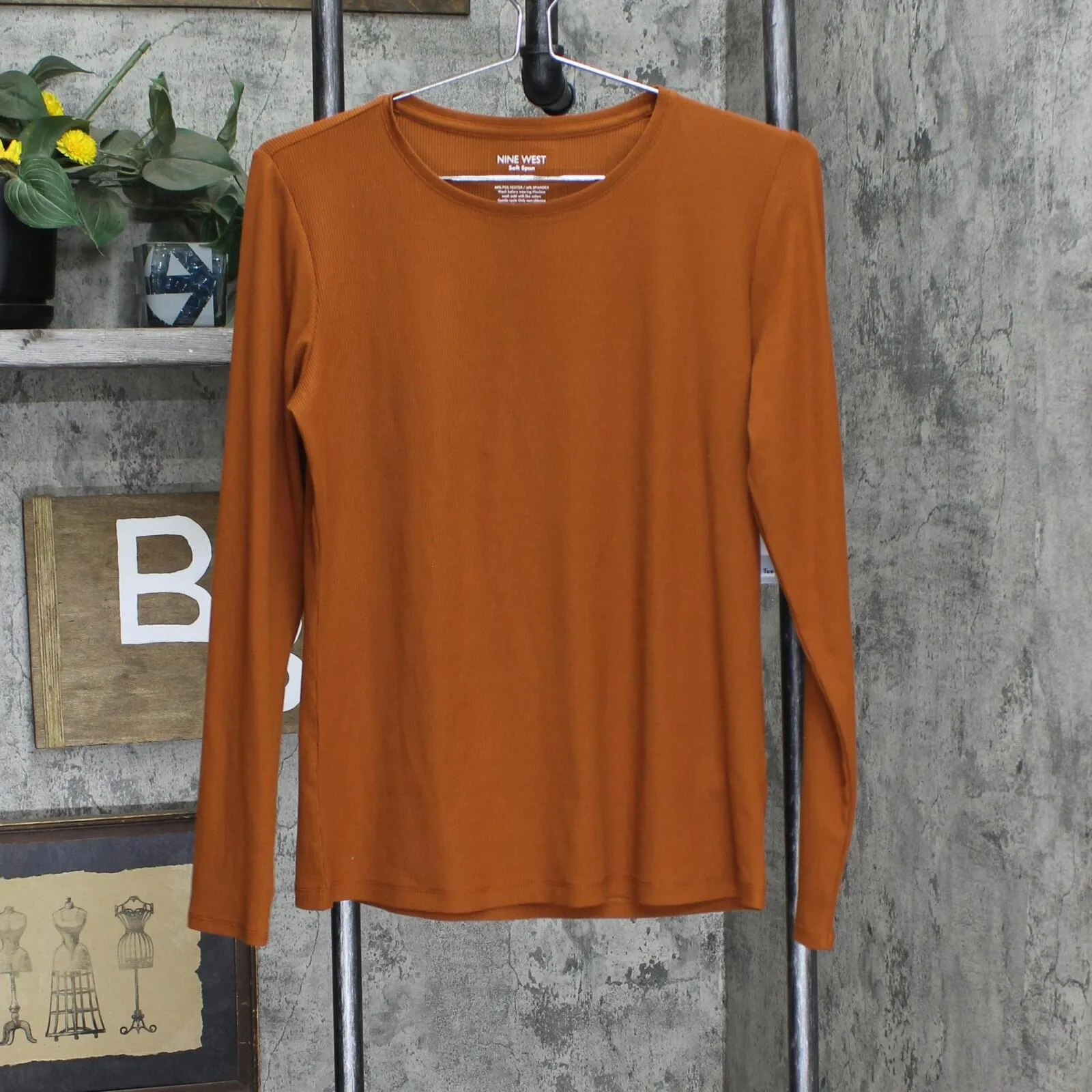 Nine West Women's Long Sleeve Crewneck Top WW13K002RS6 Brick Brown M