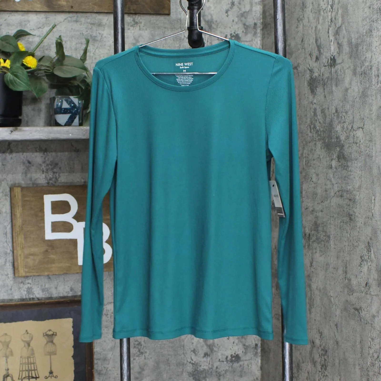 Nine West Women's Long Sleeve Crewneck Top WW13K002RS6 Night Tide Blue Green M