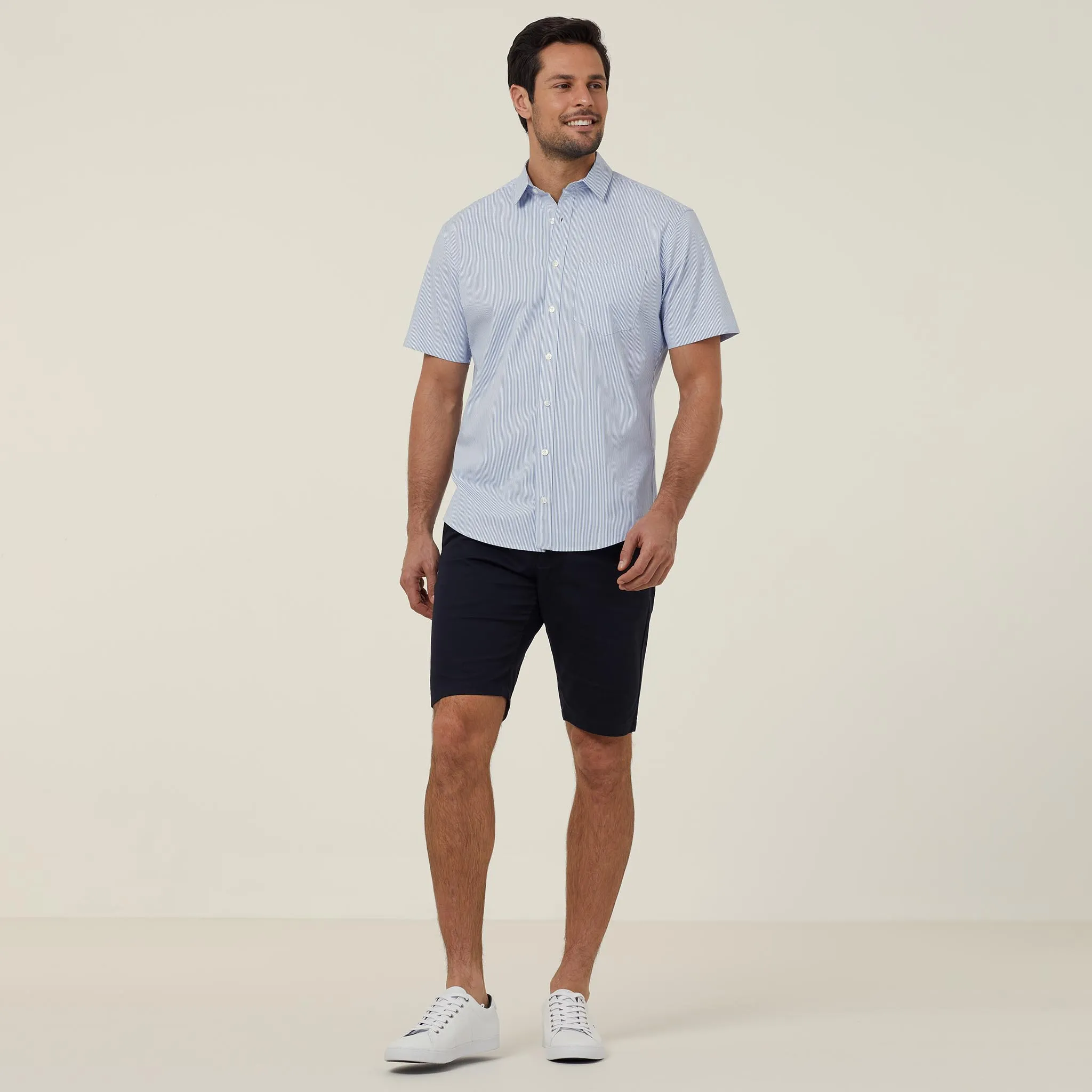 NNT Men's Avignon Fine Block Stripe Stretch Short Sleeve Shirt - Light Blue/White