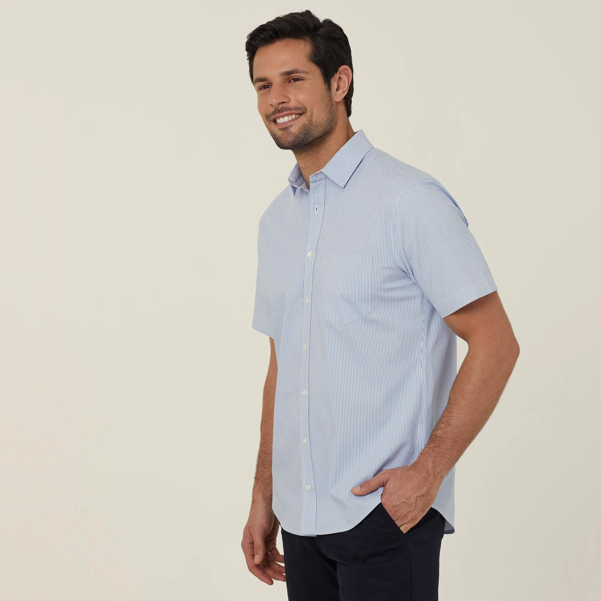 NNT Men's Avignon Fine Block Stripe Stretch Short Sleeve Shirt - Light Blue/White