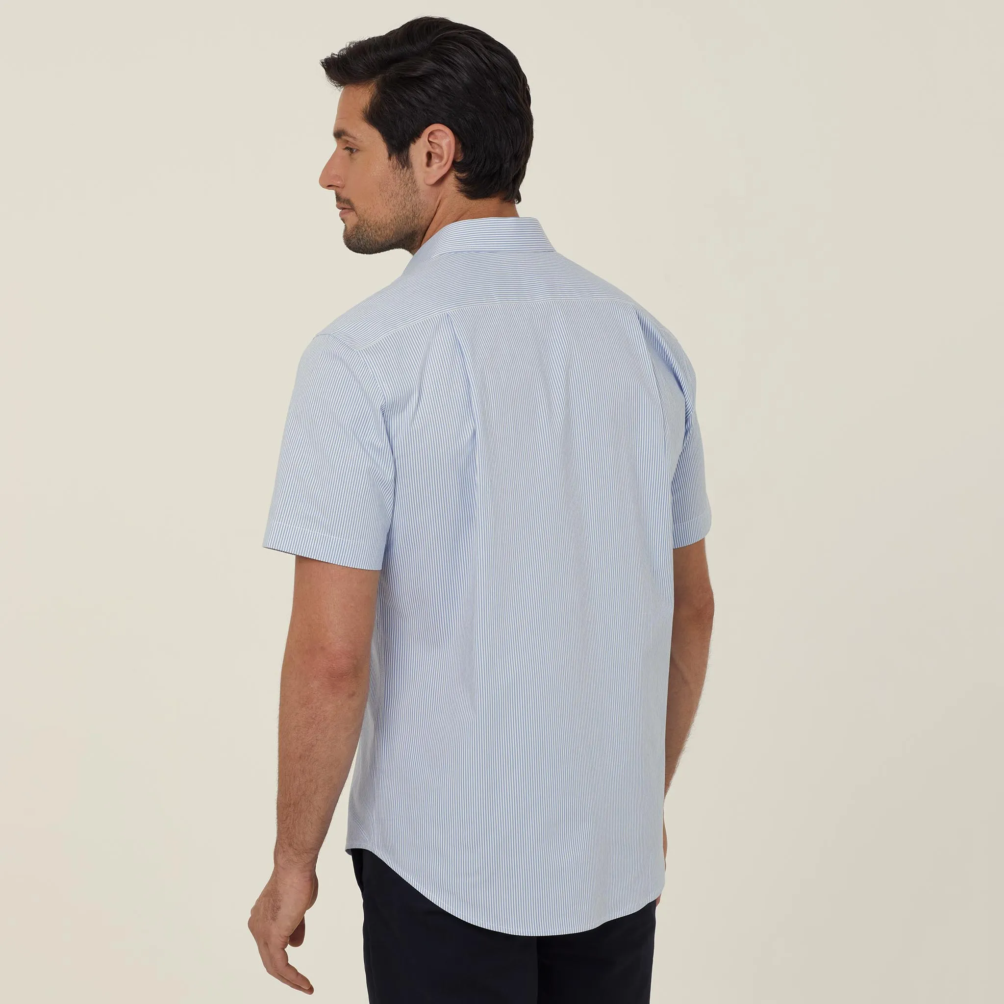NNT Men's Avignon Fine Block Stripe Stretch Short Sleeve Shirt - Light Blue/White