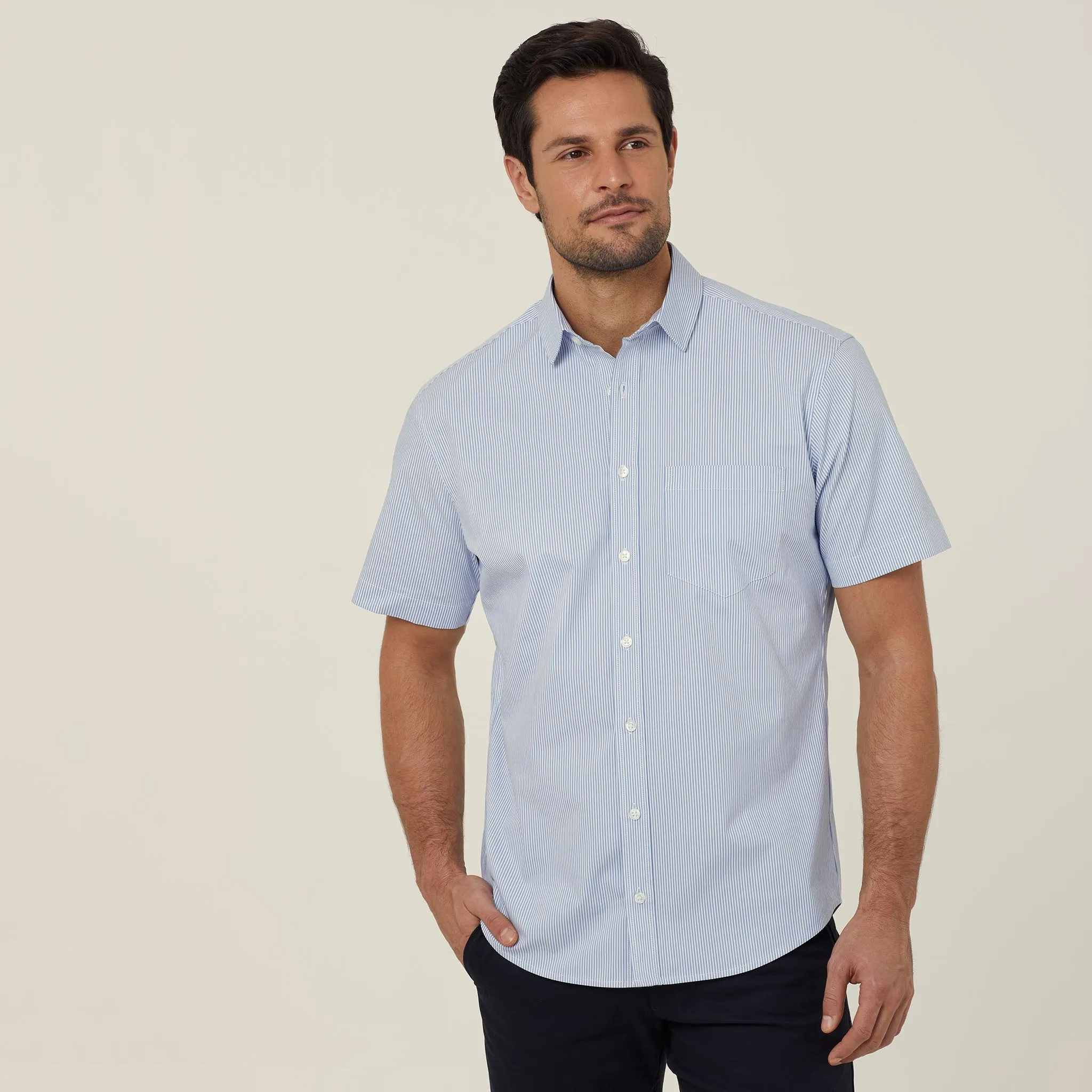 NNT Men's Avignon Fine Block Stripe Stretch Short Sleeve Shirt - Light Blue/White