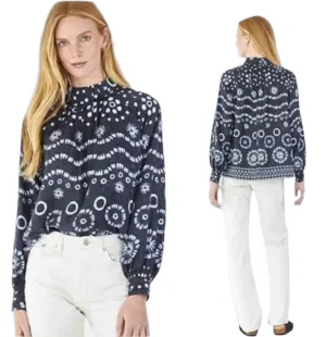 NWT Hunter Bell Women's Blue Graham Navy House Printed Silk Mockneck Long Sleeve Blouse, Size XS