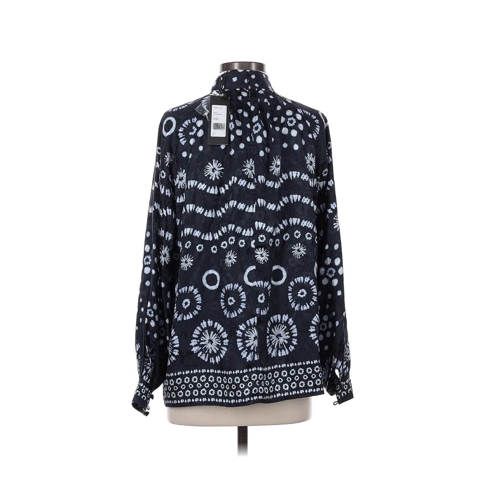 NWT Hunter Bell Women's Blue Graham Navy House Printed Silk Mockneck Long Sleeve Blouse, Size XS