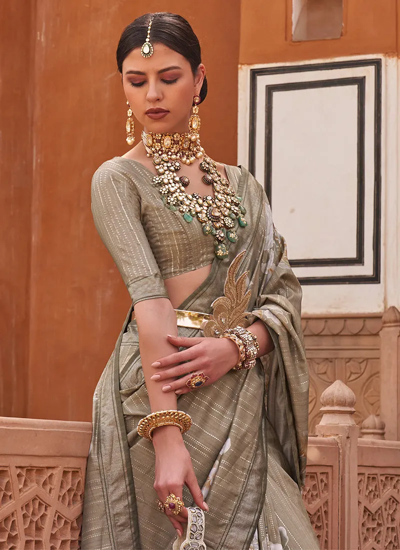 Olive Green Multi Digital Printed Fancy Floral Silk Saree