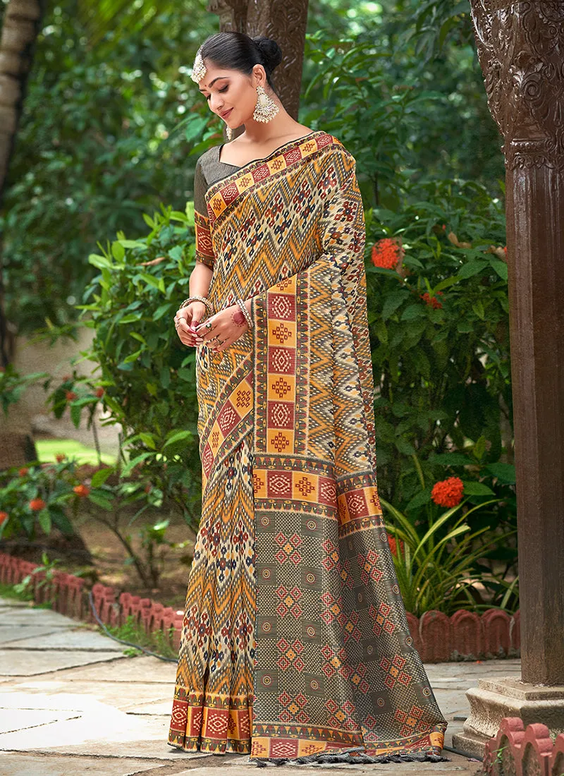 Olive Multicolored Ikat Printed Patola Silk Saree