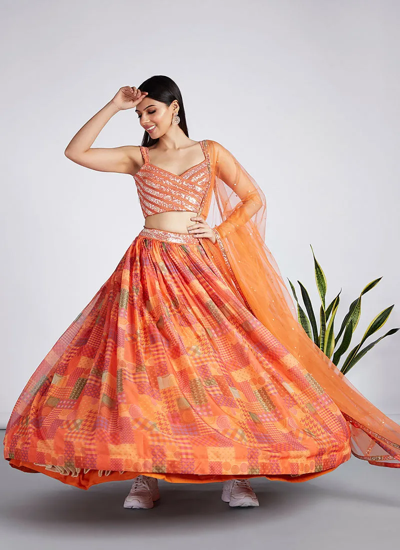 Orange Sequence Embroidery Printed Lehenga Choli And Dupatta