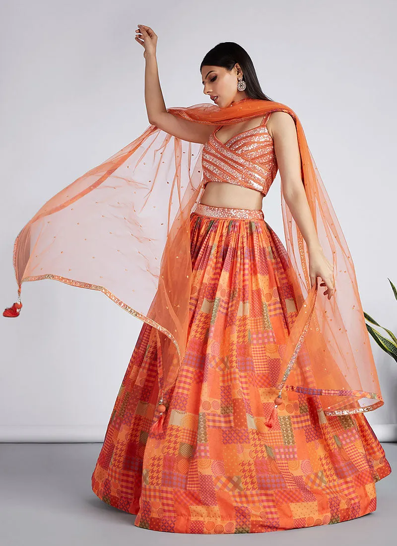 Orange Sequence Embroidery Printed Lehenga Choli And Dupatta